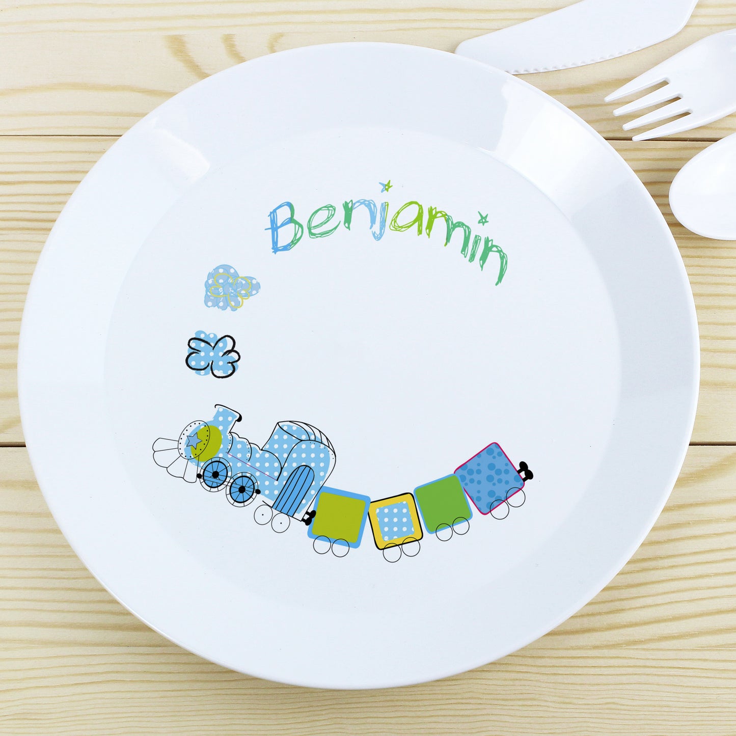 Personalised Patchwork Train Plastic Plate - image 3
