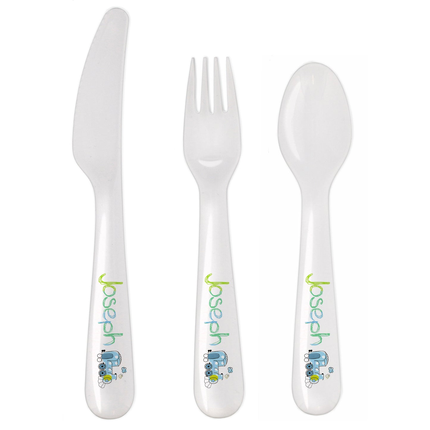 Personalised Patchwork Train 3 Piece Plastic Cutlery Set - image 2