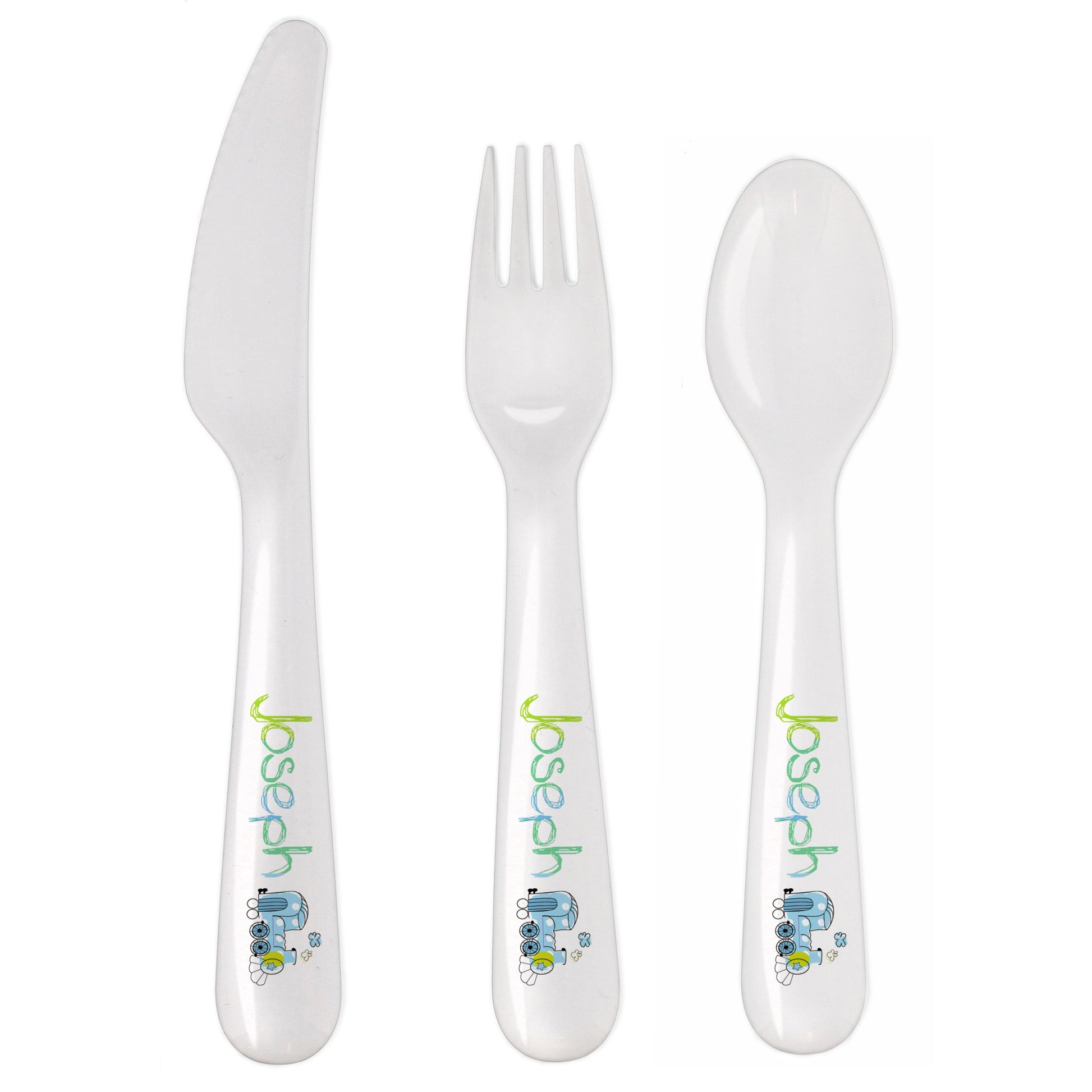 Personalised Patchwork Train 3 Piece Plastic Cutlery Set - image 2