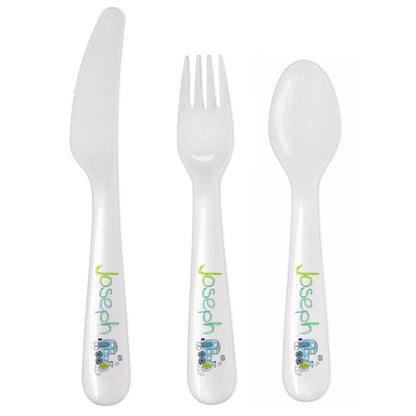Personalised Patchwork Train 3 Piece Plastic Cutlery Set - image 2