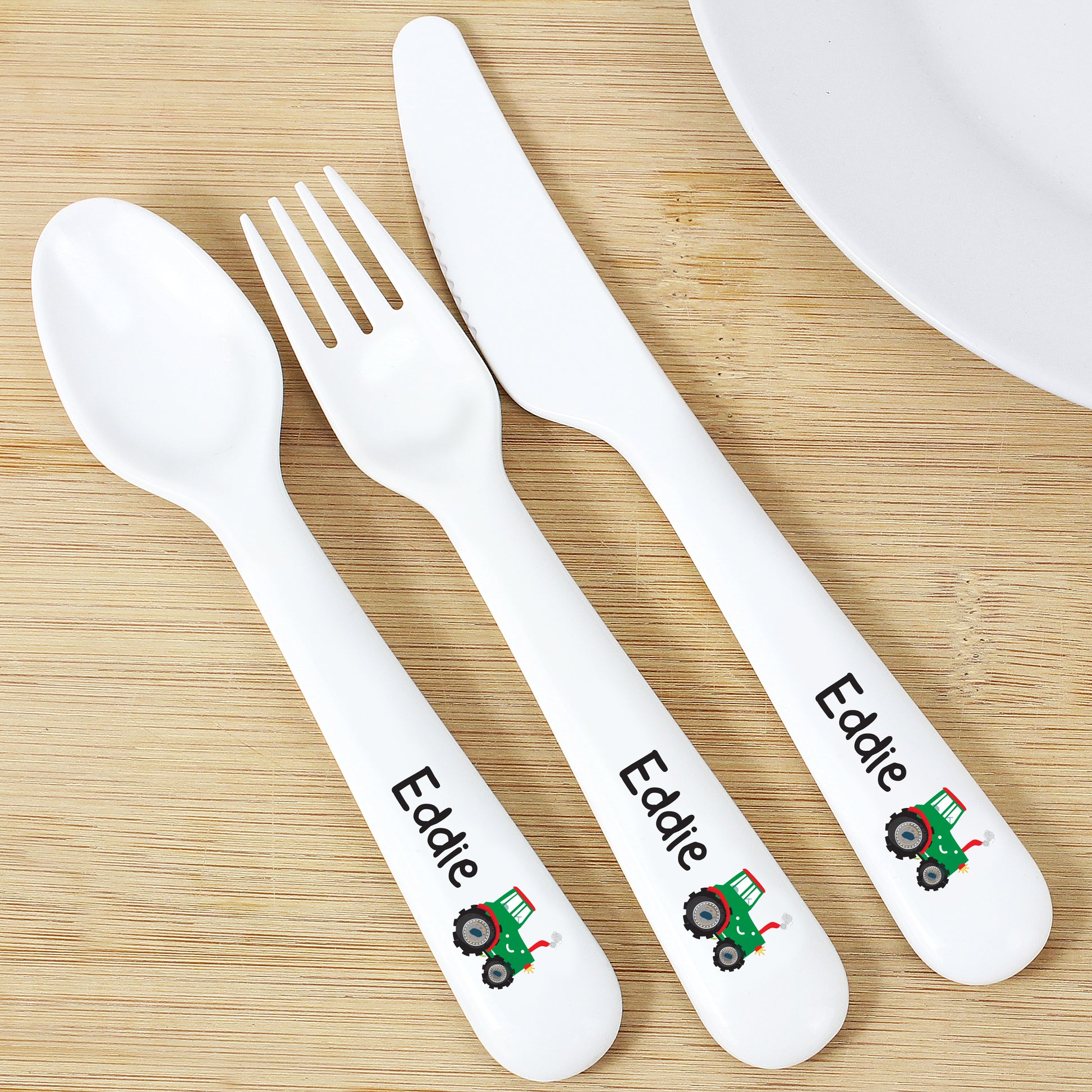 Personalised Tractor 3 Piece Plastic Cutlery Set from Heartfelt Gifts