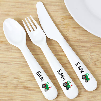 Personalised Tractor 3 Piece Plastic Cutlery Set from Heartfelt Gifts