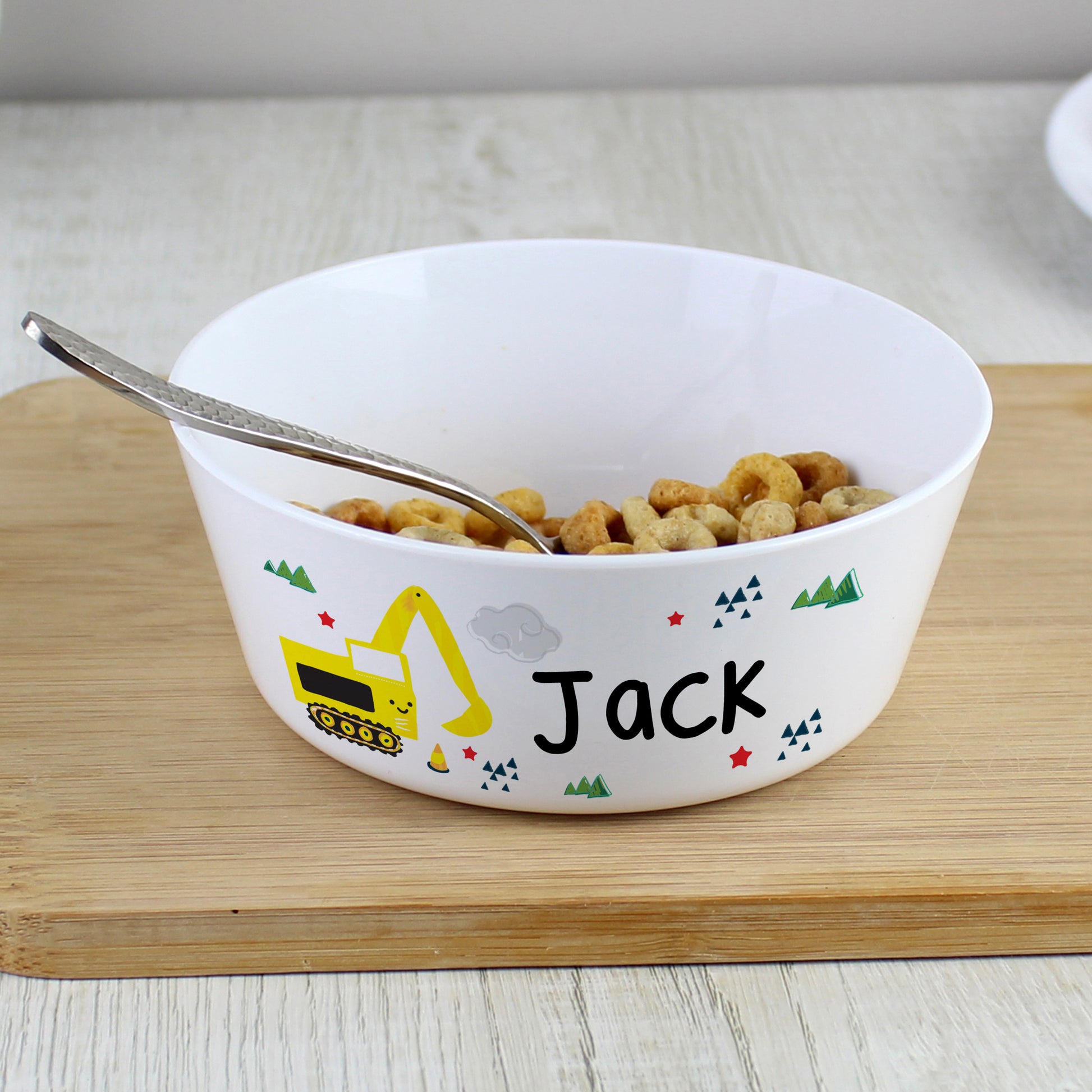 Personalised Digger Plastic Bowl from Heartfelt Gifts