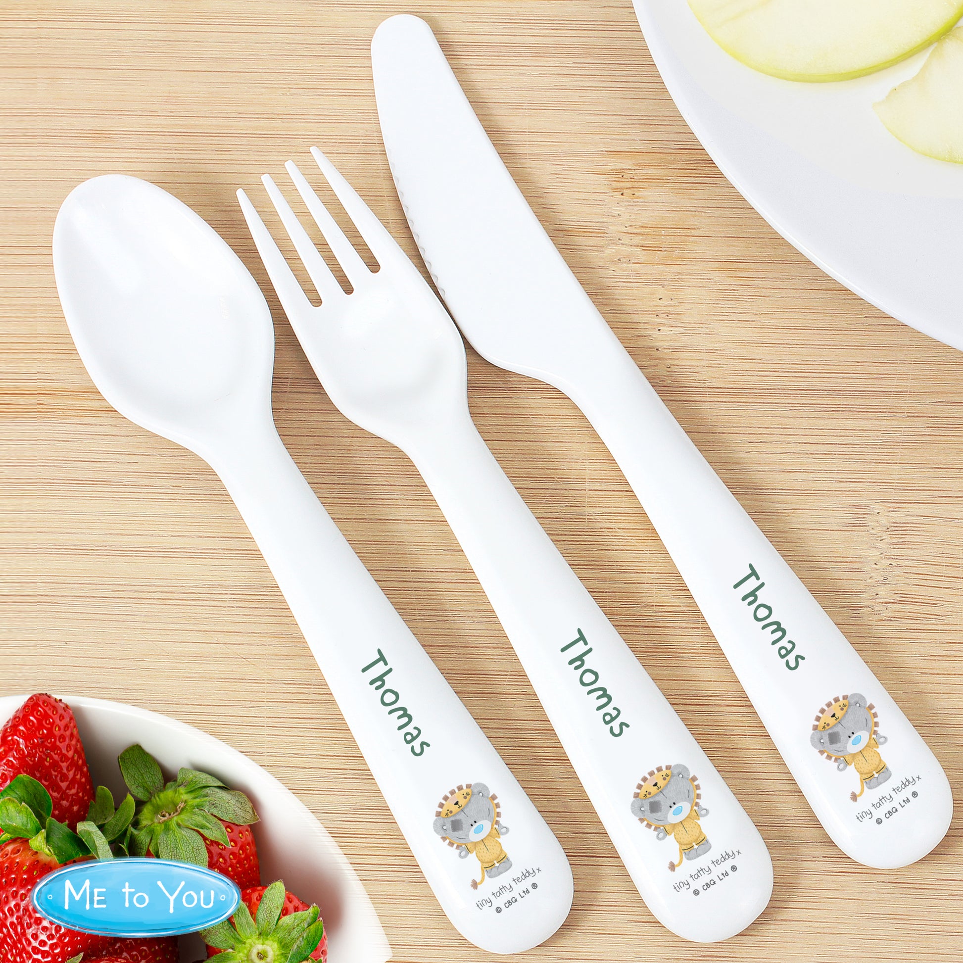 Personalised Tiny Tatty Teddy Jungle Animals Plastic 3 Piece Cutlery Set from Heartfelt Gifts
