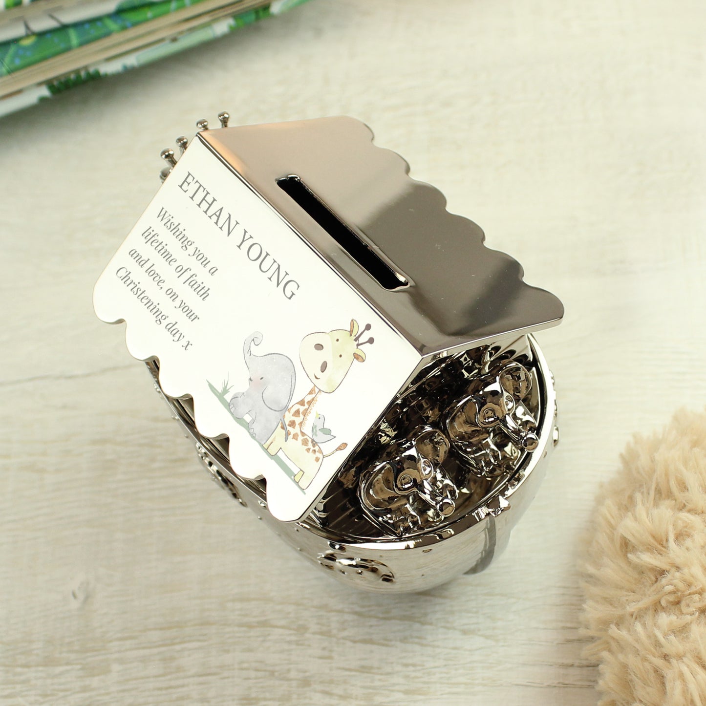 Personalised Hessian Friends Noahs Ark Money Box from Heartfelt Gifts