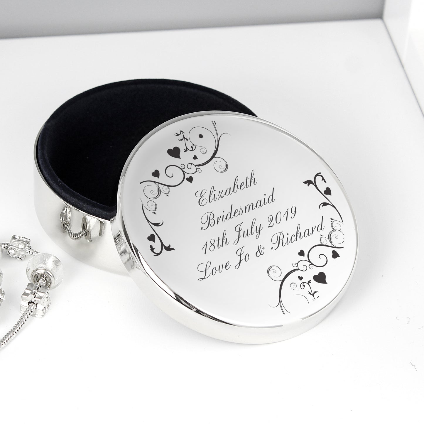 Personalised Black Swirl Round Trinket Box from Heartfelt Gifts