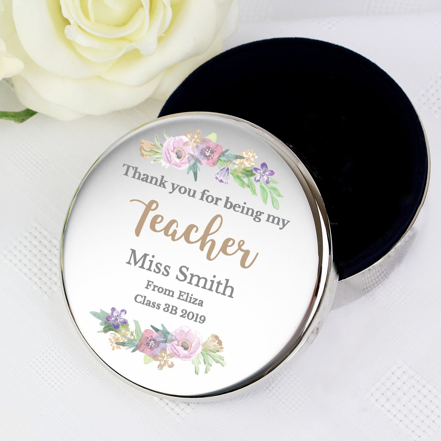 Personalised Floral Watercolour Round Trinket Box from Heartfelt Gifts