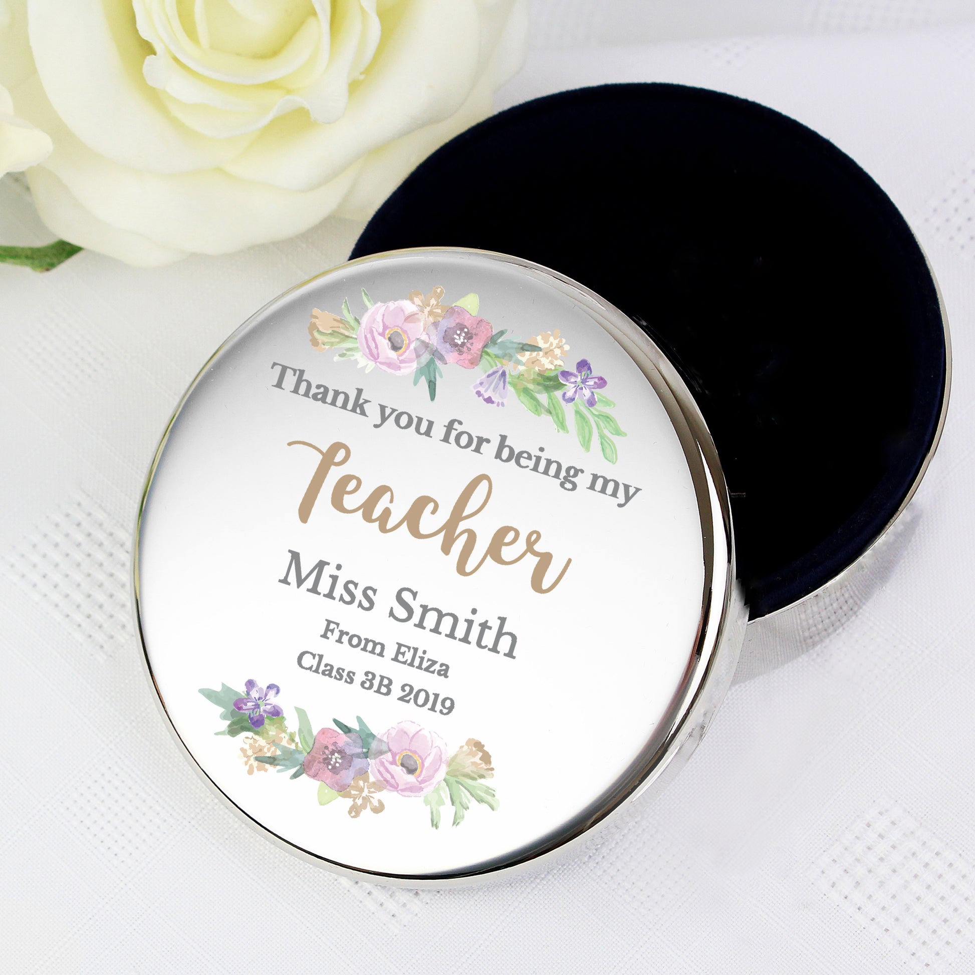 Personalised Floral Watercolour Round Trinket Box from Heartfelt Gifts