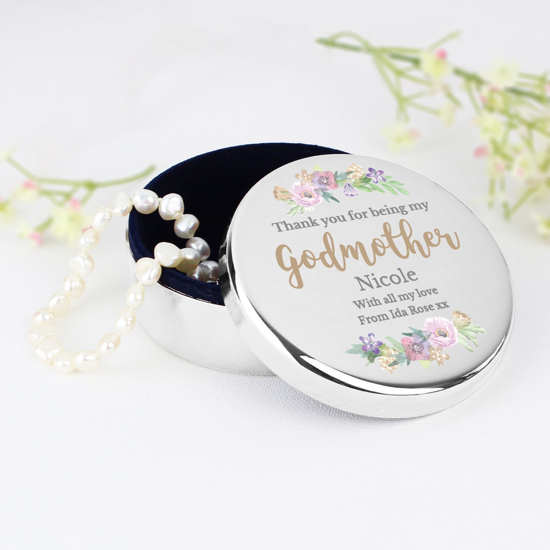 Personalised Godmother 'Floral Watercolour' Round Trinket Box from Heartfelt Gifts
