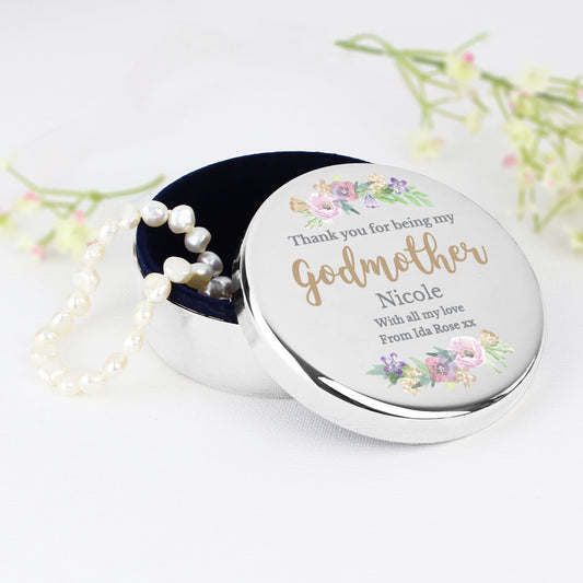 Personalised Godmother 'Floral Watercolour' Round Trinket Box from Heartfelt Gifts