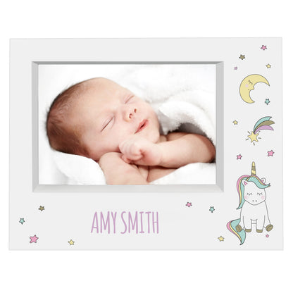 White Baby Unicorn landscape box frame with a sleeping baby photograph and Amy Smith example name