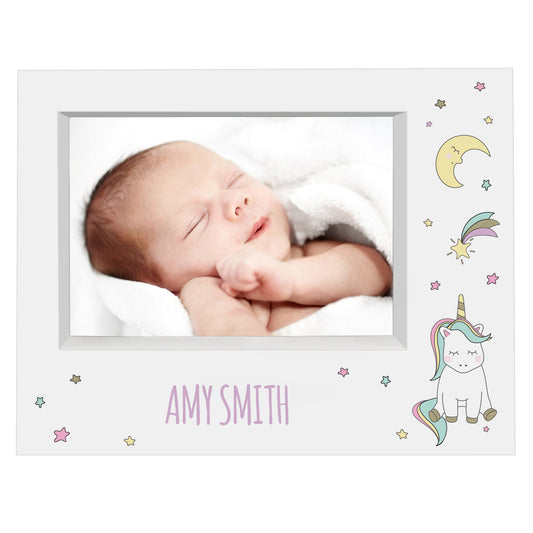 White Baby Unicorn landscape box frame with a sleeping baby photograph and Amy Smith example name