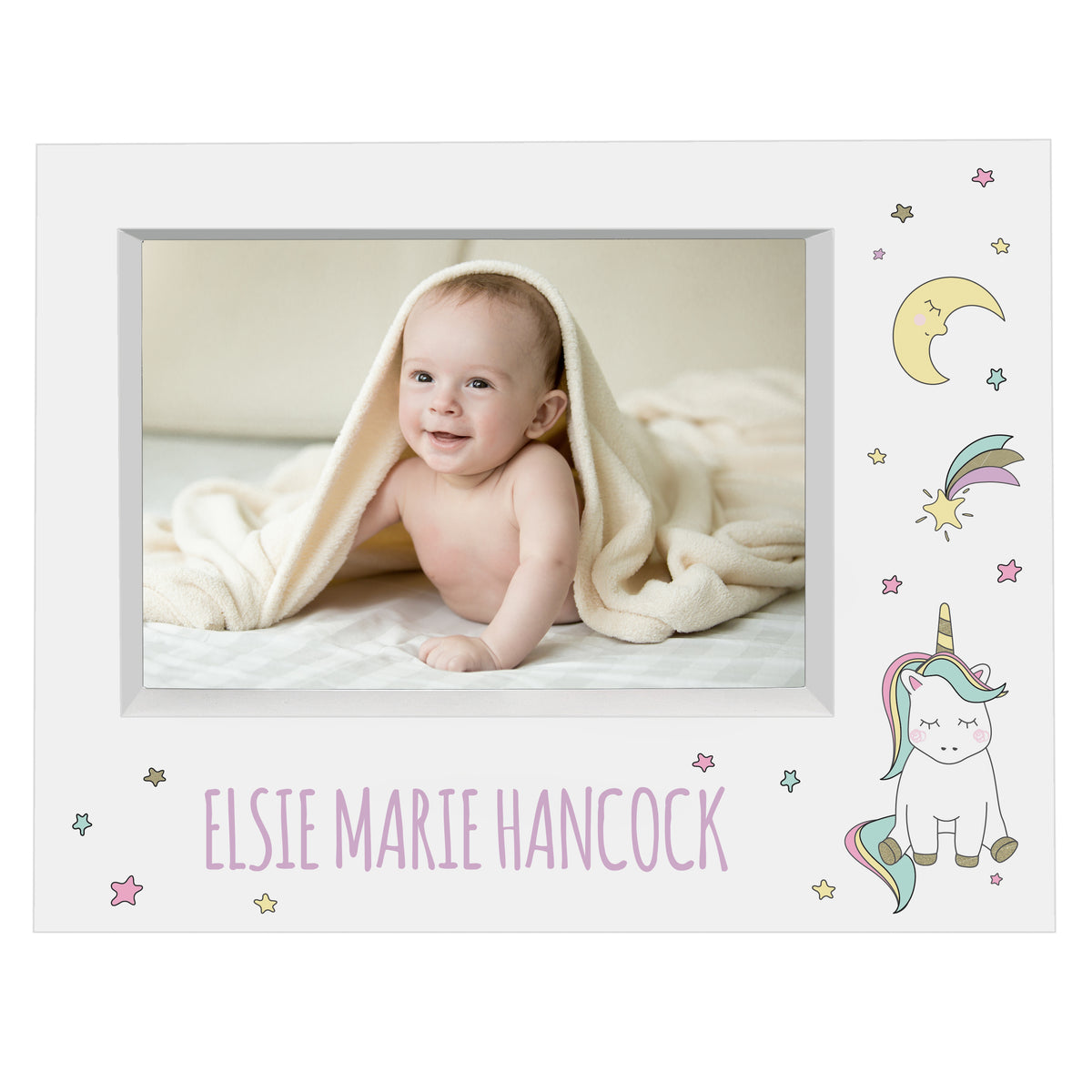 White Baby Unicorn frame with a baby photograph and Elsie Marie Hancock example name