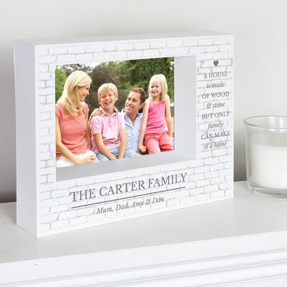 White landscape Family box frame with a brick-pattern design, Carter Family example wording and a family photograph