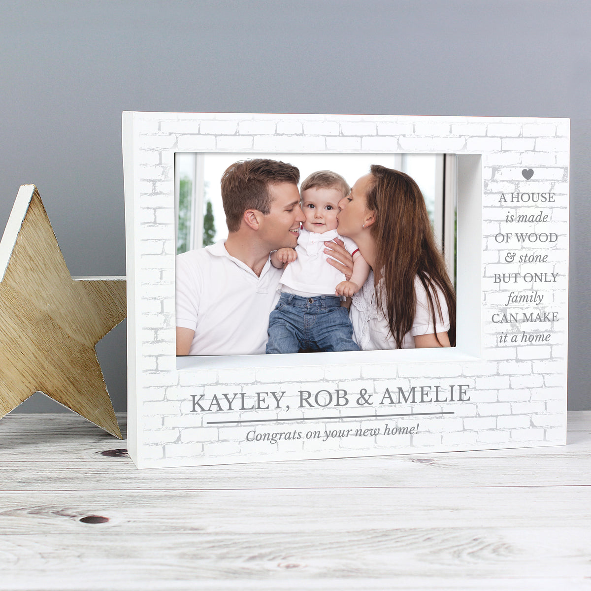 Family box frame beside a wooden star with example names and a family photograph