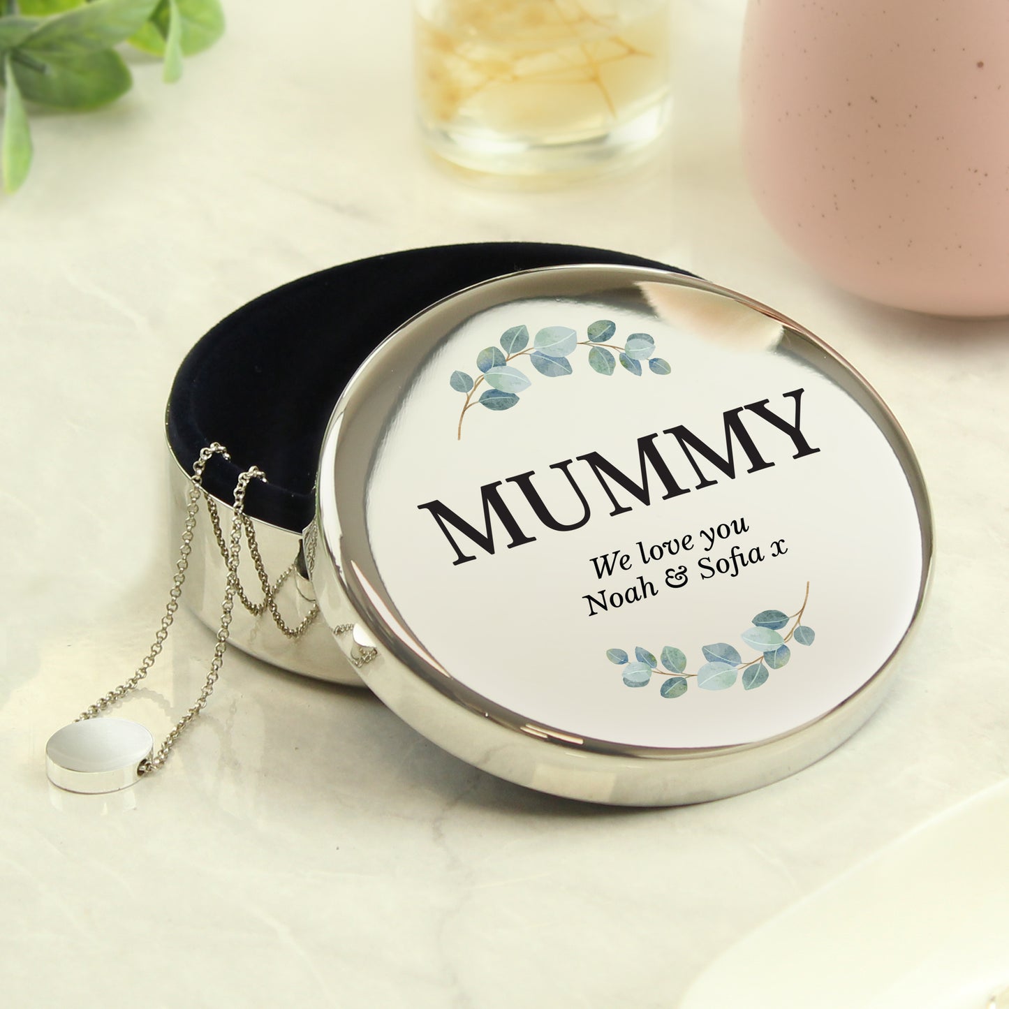 Personalised Botanical Round Trinket Box from Heartfelt Gifts