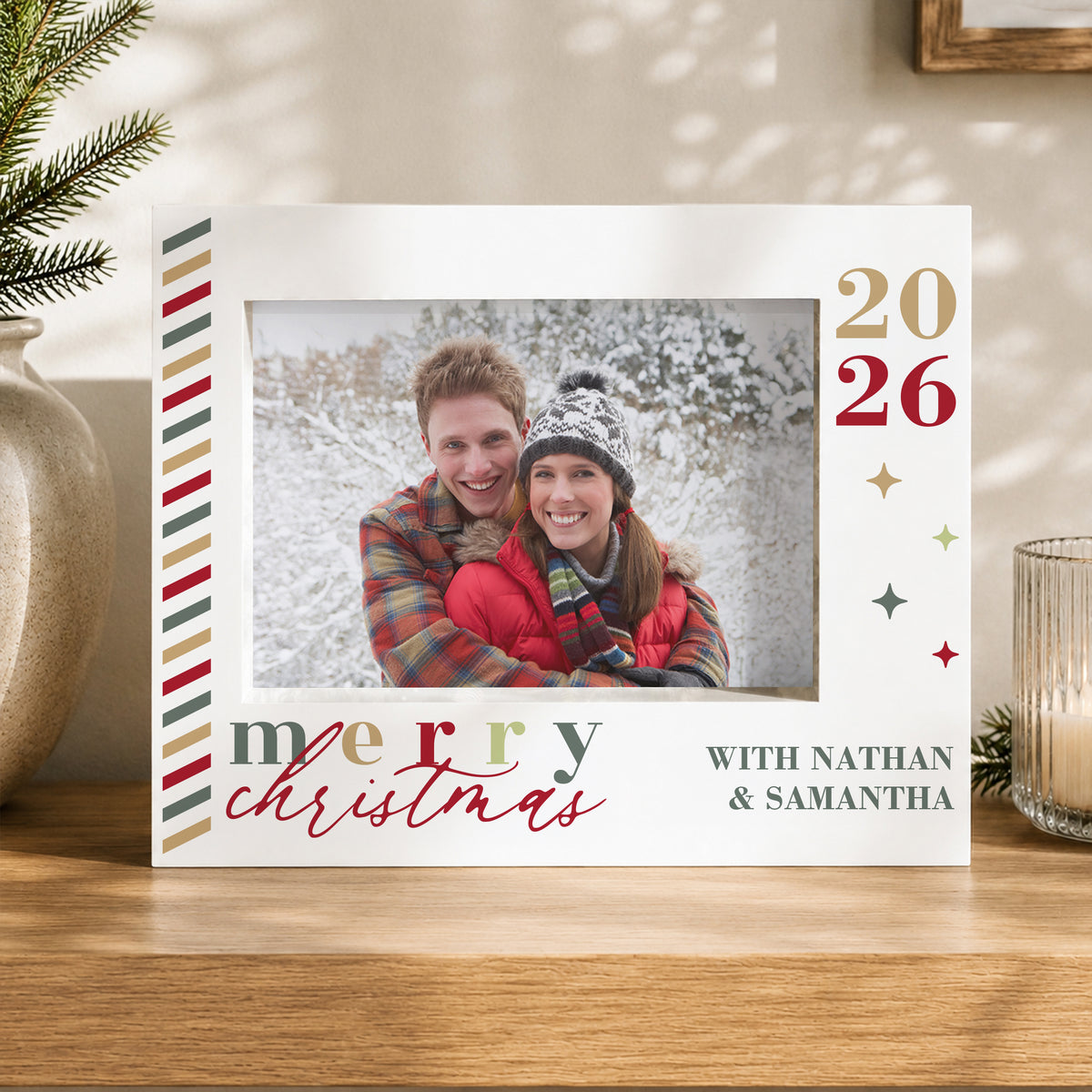 Merry Christmas landscape box frame with a snowy couple photograph and Nathan and Samantha example wording