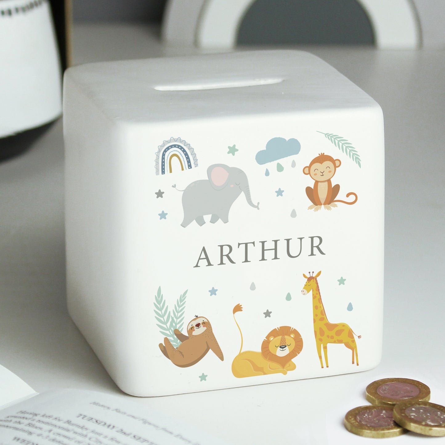 Personalised Safari Animals Ceramic Square Money Box from Heartfelt Gifts