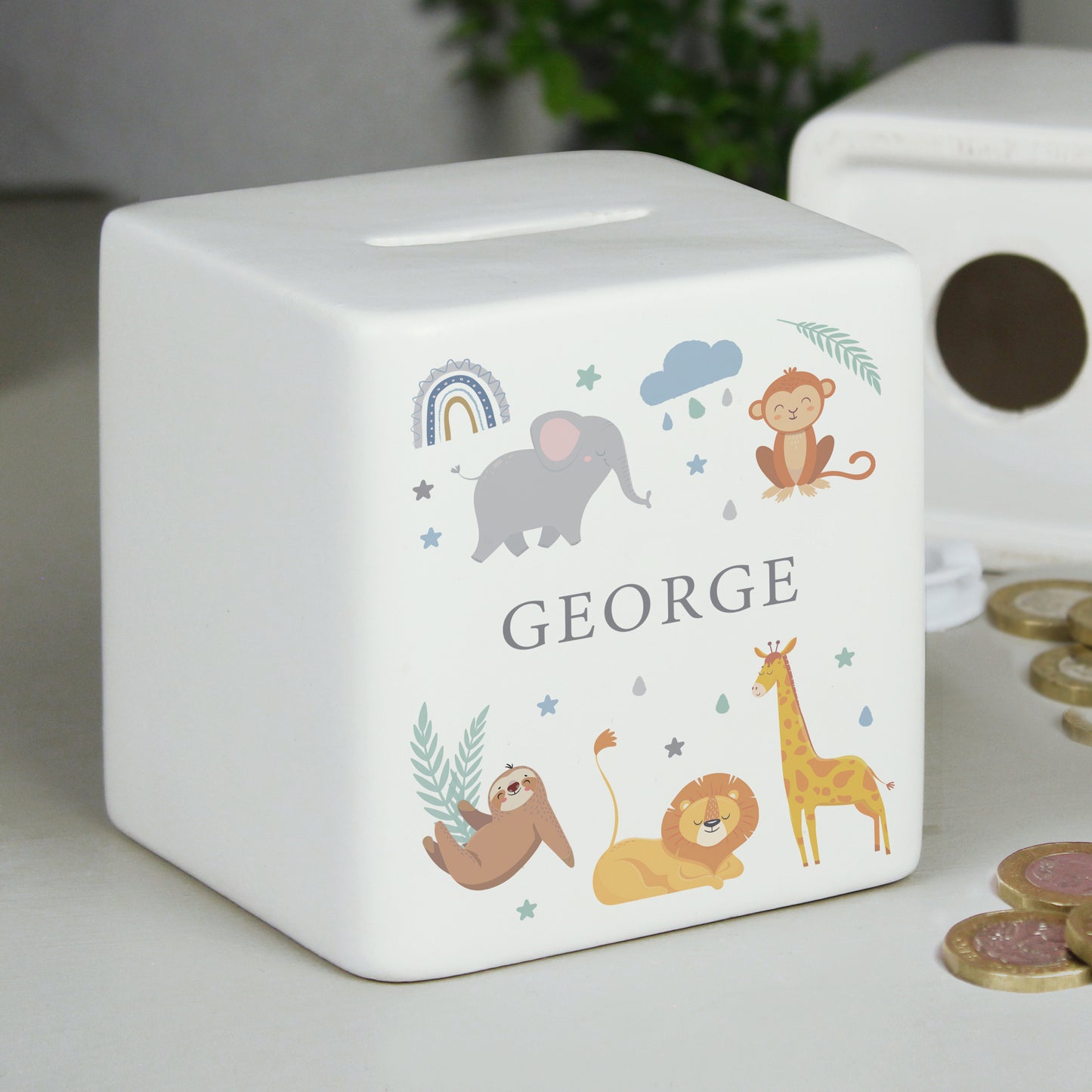 Personalised Safari Animals Ceramic Square Money Box - image 2