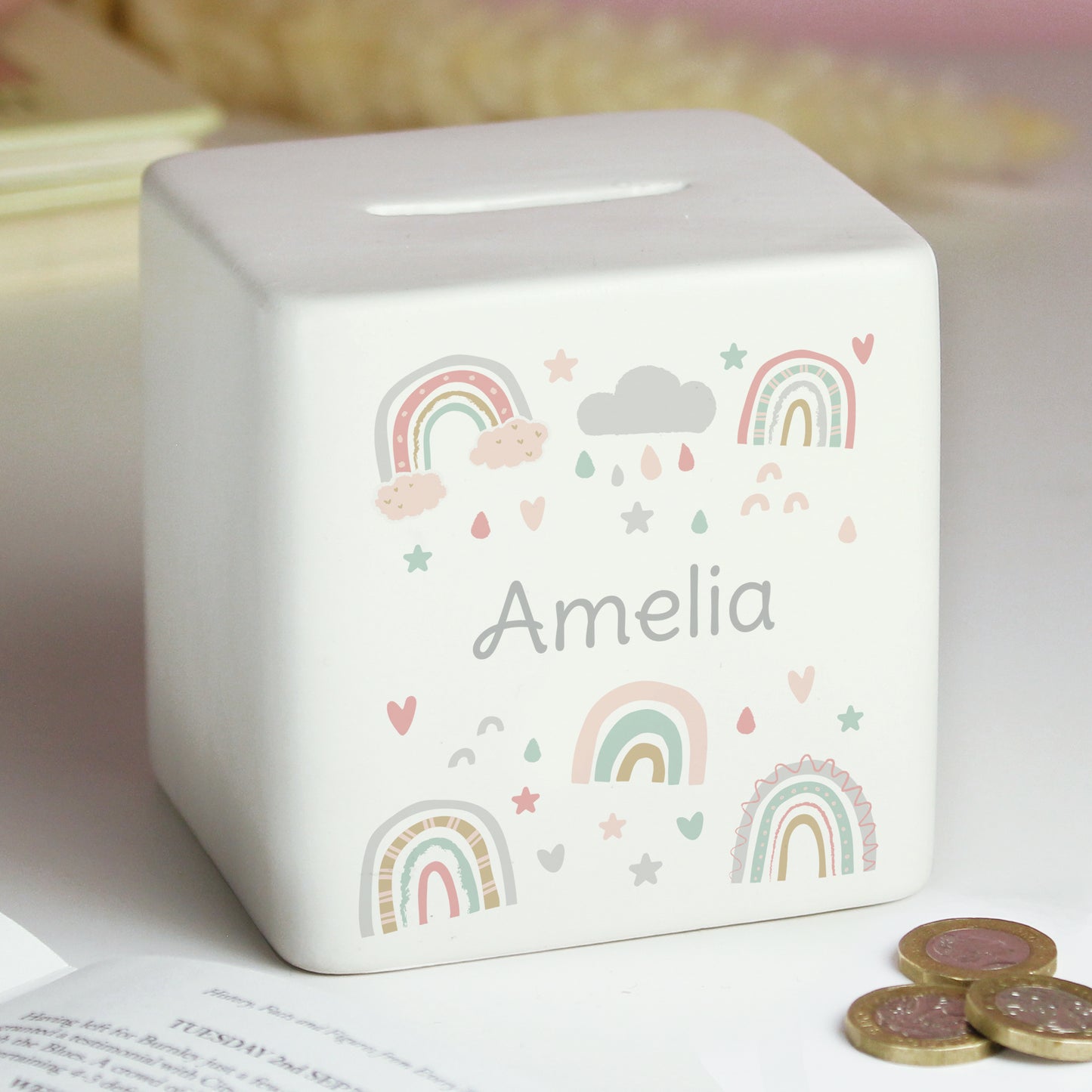 Personalised Rainbow Ceramic Square Money Box from Heartfelt Gifts