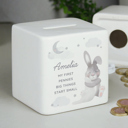 Personalised Baby Bunny Ceramic Square Money Box from Heartfelt Gifts