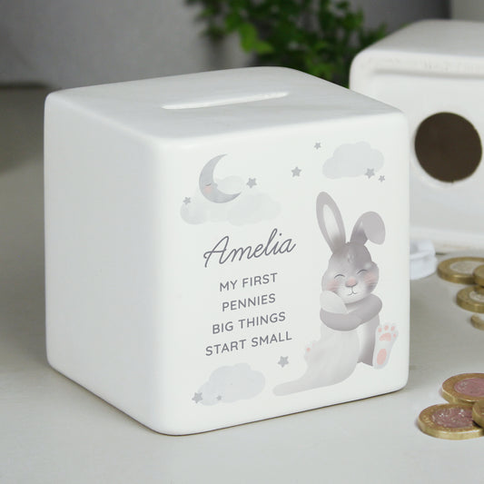 Personalised Baby Bunny Ceramic Square Money Box from Heartfelt Gifts