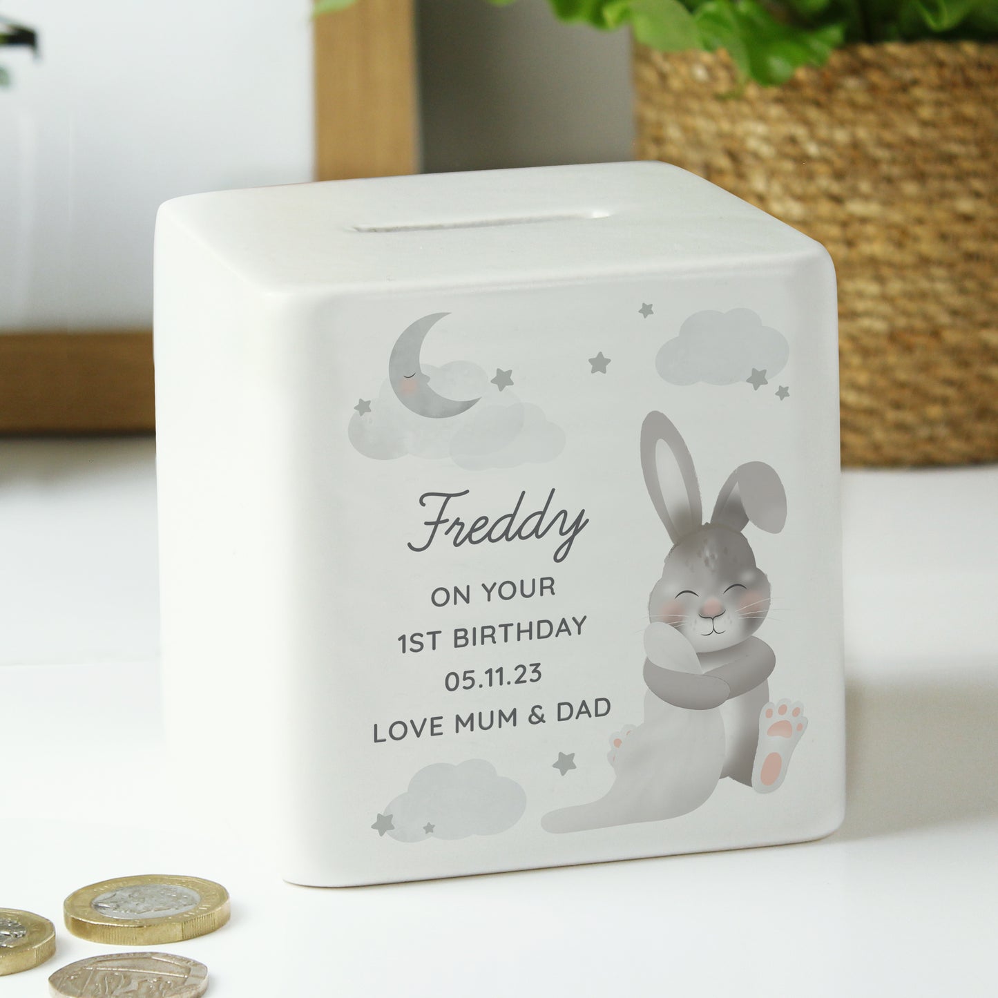 Personalised Baby Bunny Ceramic Square Money Box - image 3