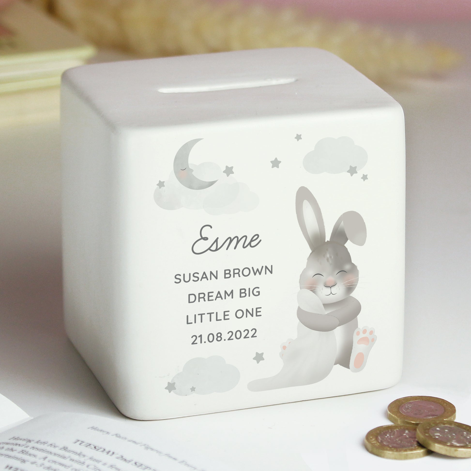 Personalised Baby Bunny Ceramic Square Money Box - image 4
