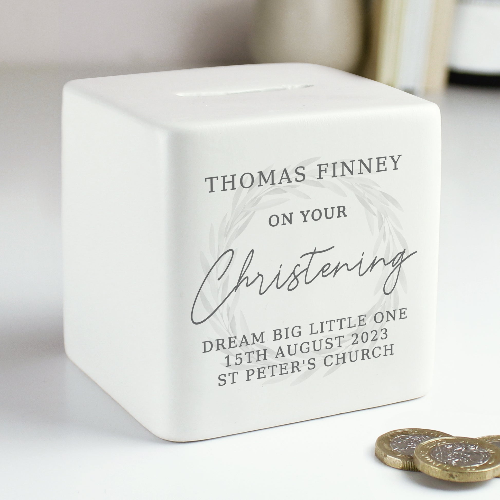 Personalised Christening Ceramic Square Money Box from Heartfelt Gifts