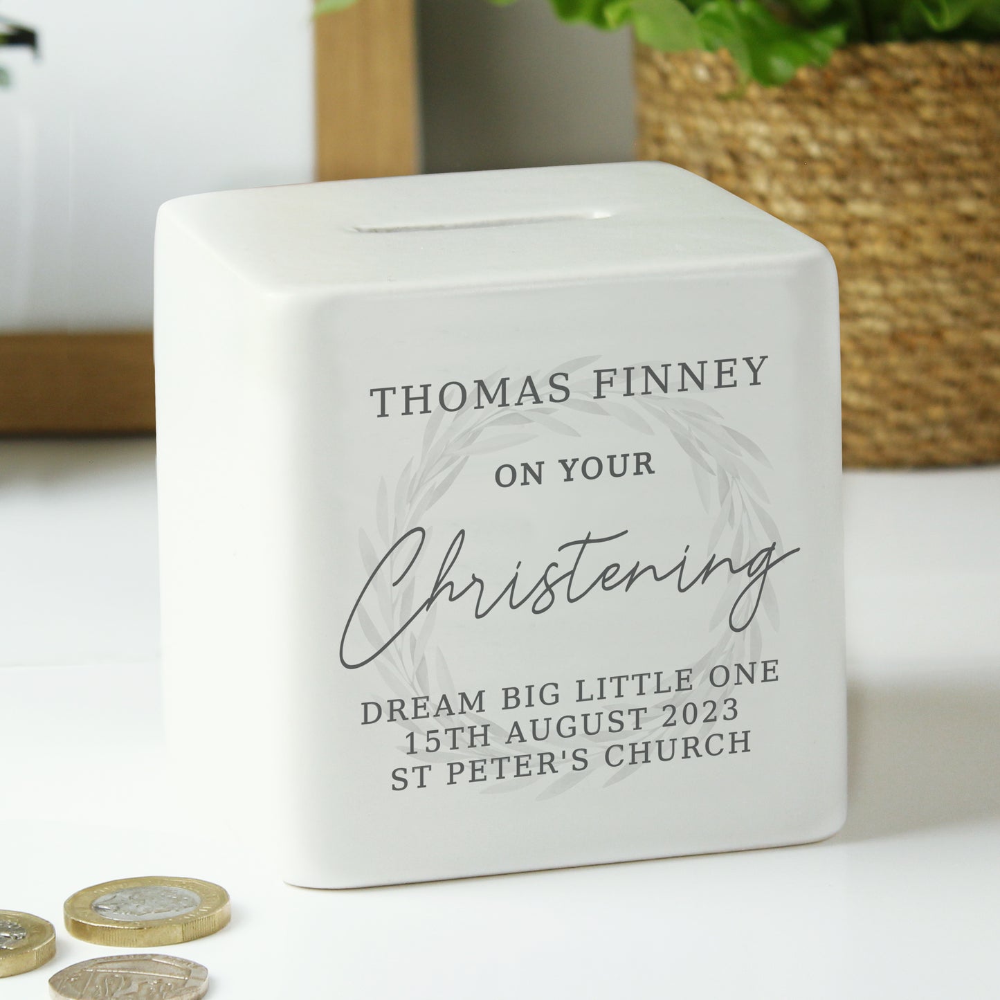 Personalised Christening Ceramic Square Money Box - image 2