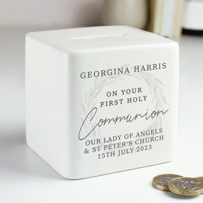 Personalised First Holy Communion Wreath Ceramic Square Money Box from Heartfelt Gifts