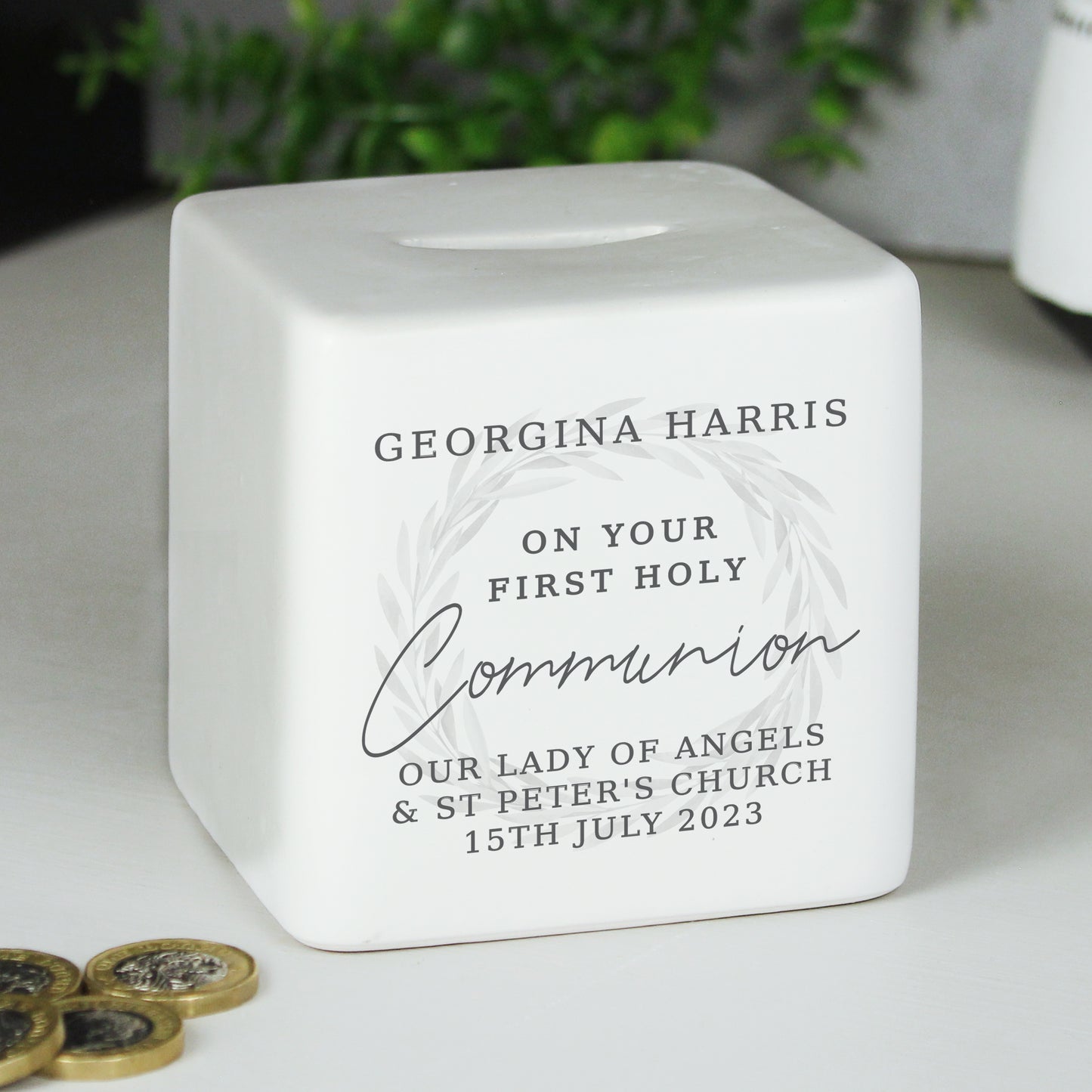 Personalised First Holy Communion Wreath Ceramic Square Money Box - image 2