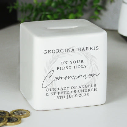 Personalised First Holy Communion Wreath Ceramic Square Money Box - image 2