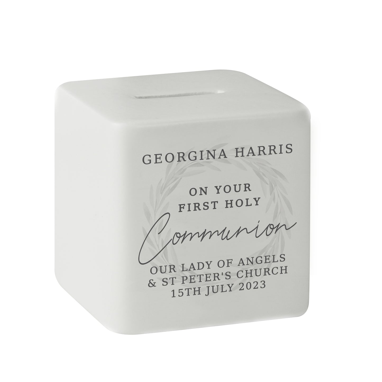 Personalised First Holy Communion Wreath Ceramic Square Money Box - image 5