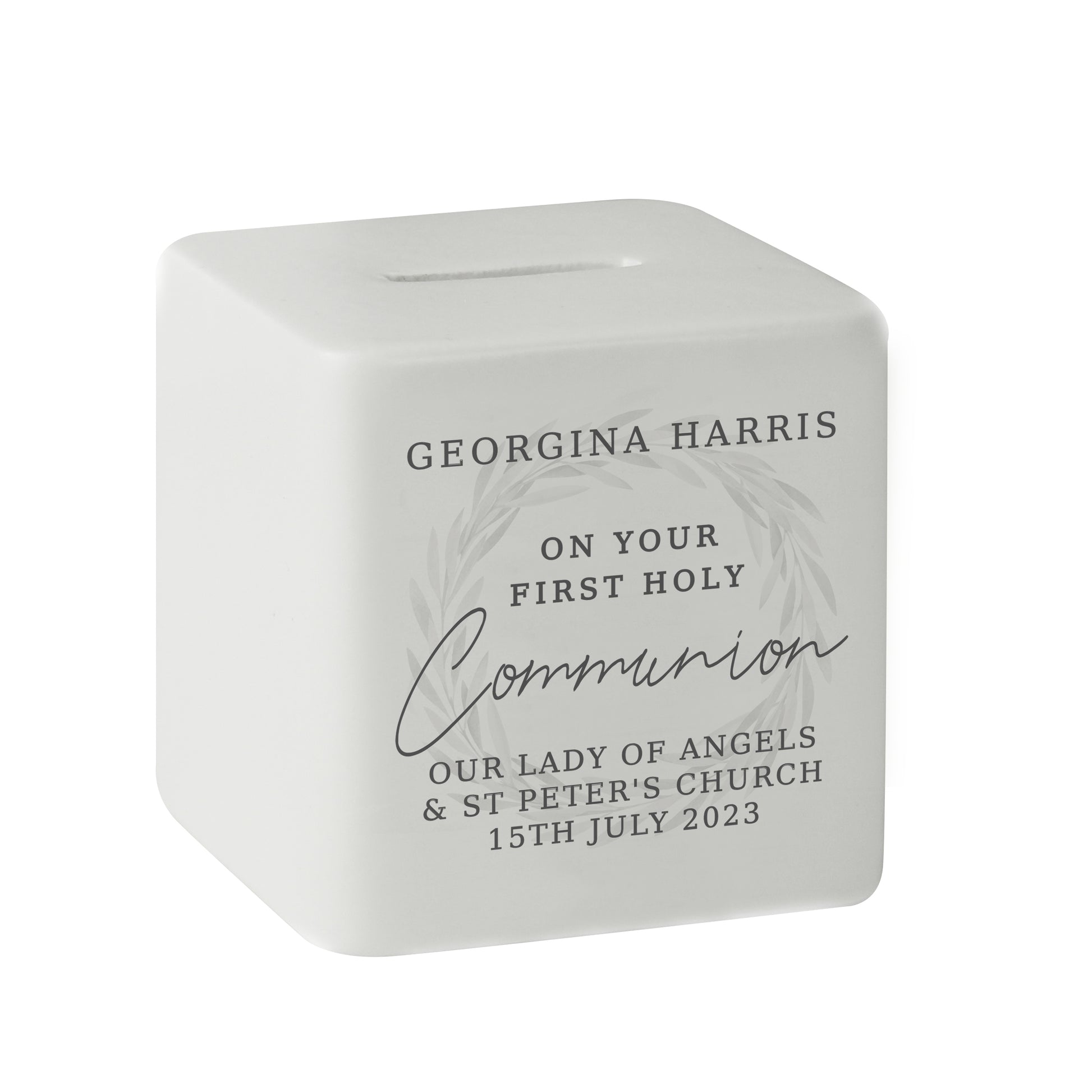 Personalised First Holy Communion Wreath Ceramic Square Money Box - image 5