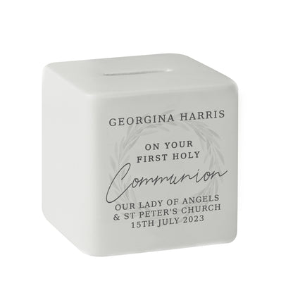 Personalised First Holy Communion Wreath Ceramic Square Money Box - image 5