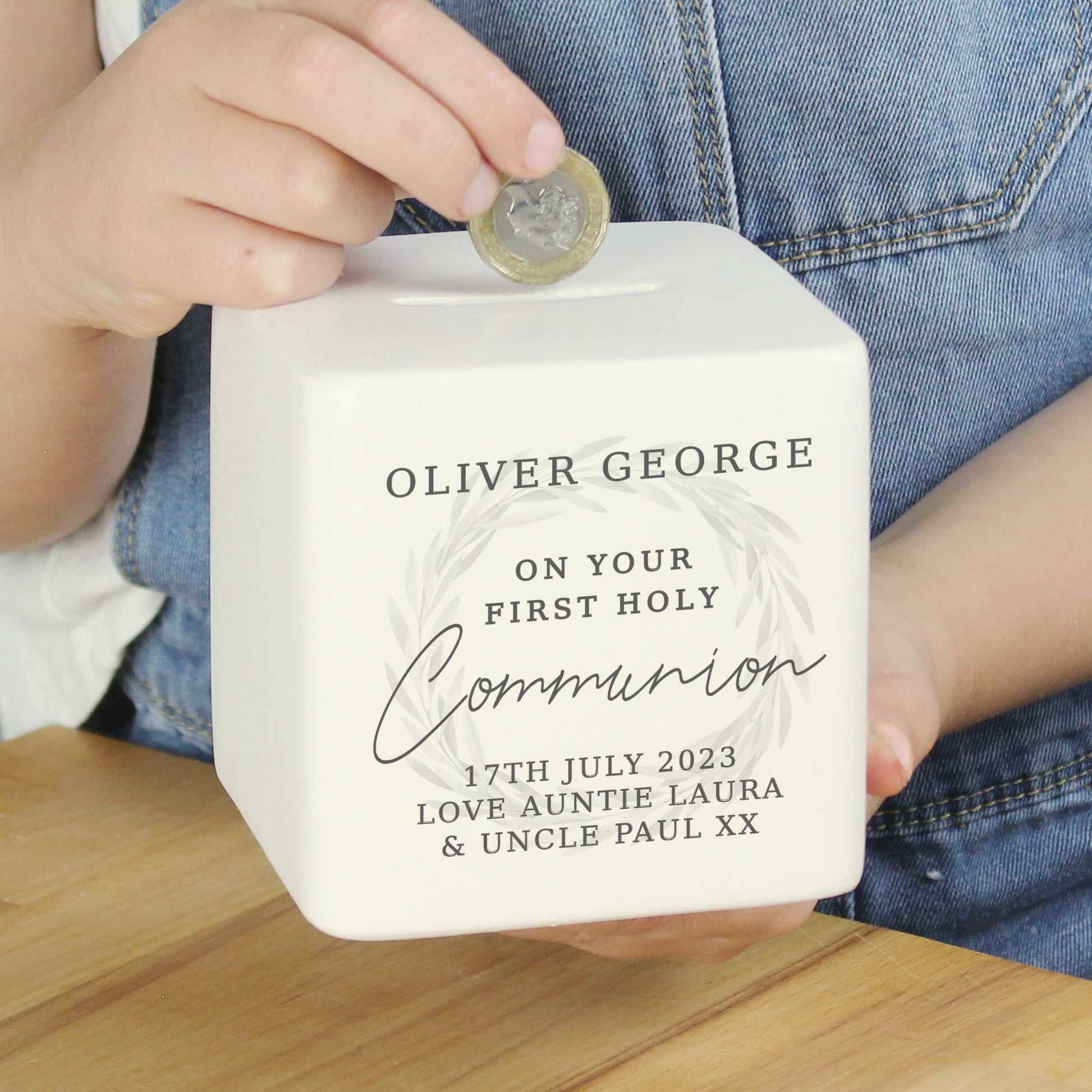 Personalised First Holy Communion Wreath Ceramic Square Money Box - image 6