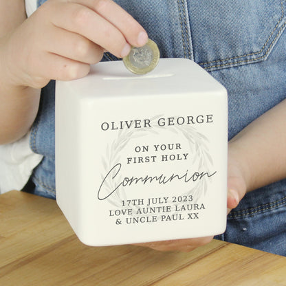 Personalised First Holy Communion Wreath Ceramic Square Money Box - image 6
