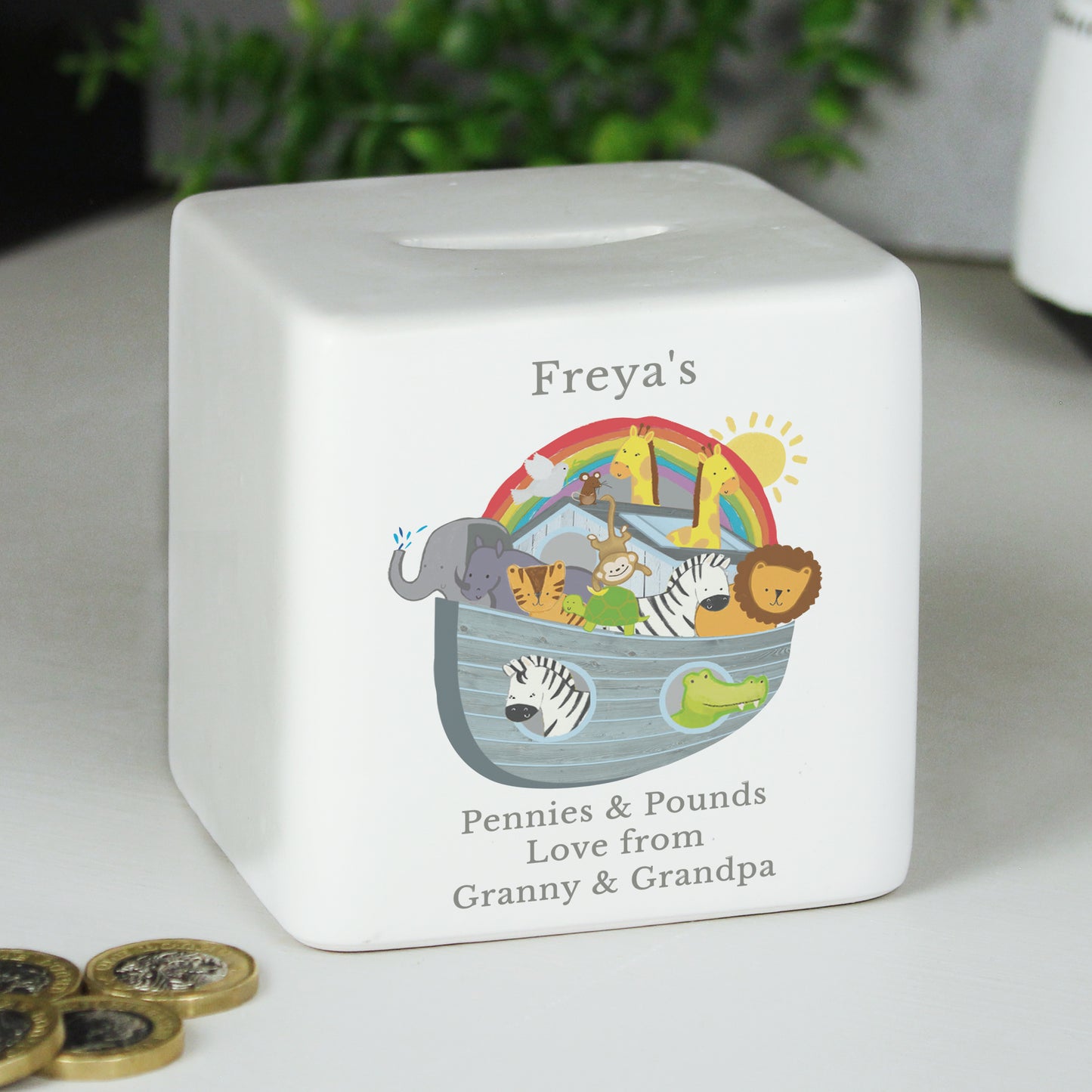 Personalised Noahs Ark Ceramic Square Money Box from Heartfelt Gifts