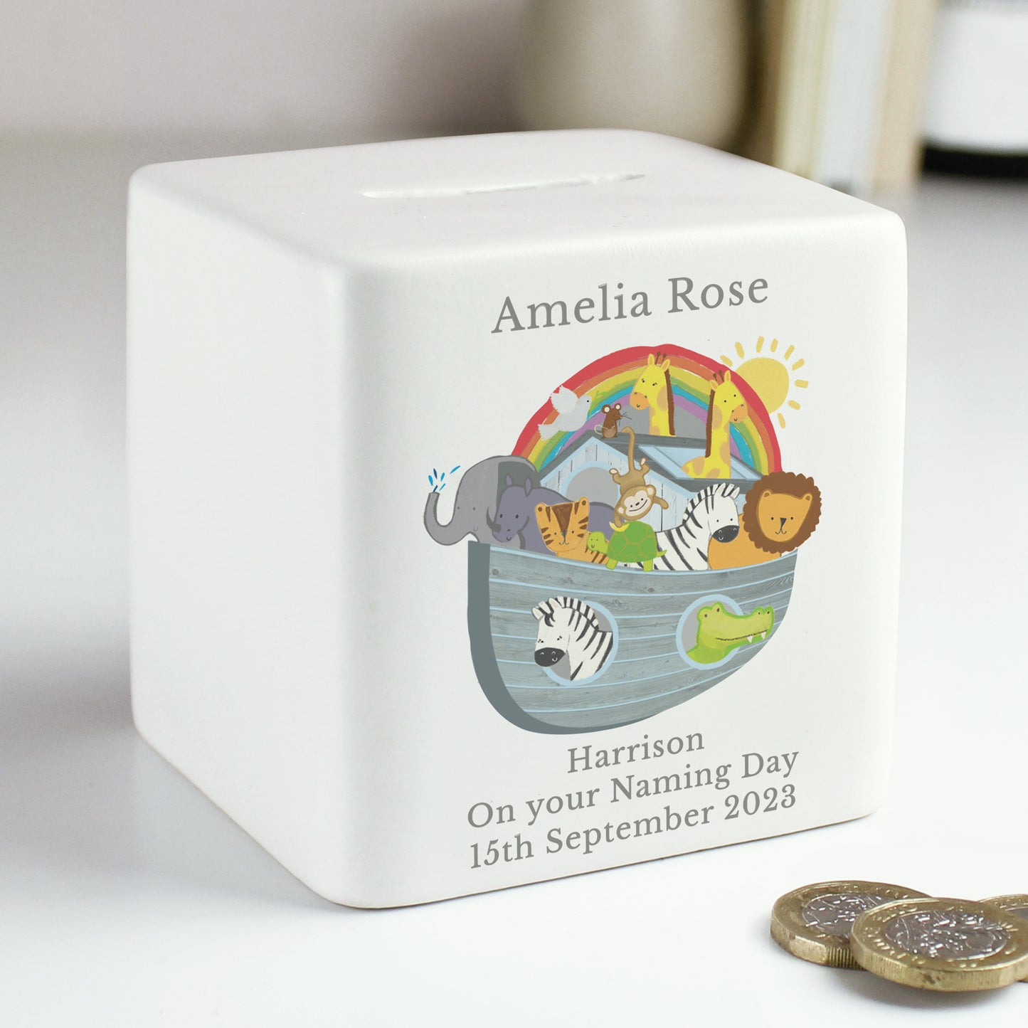 Personalised Noahs Ark Ceramic Square Money Box - image 2
