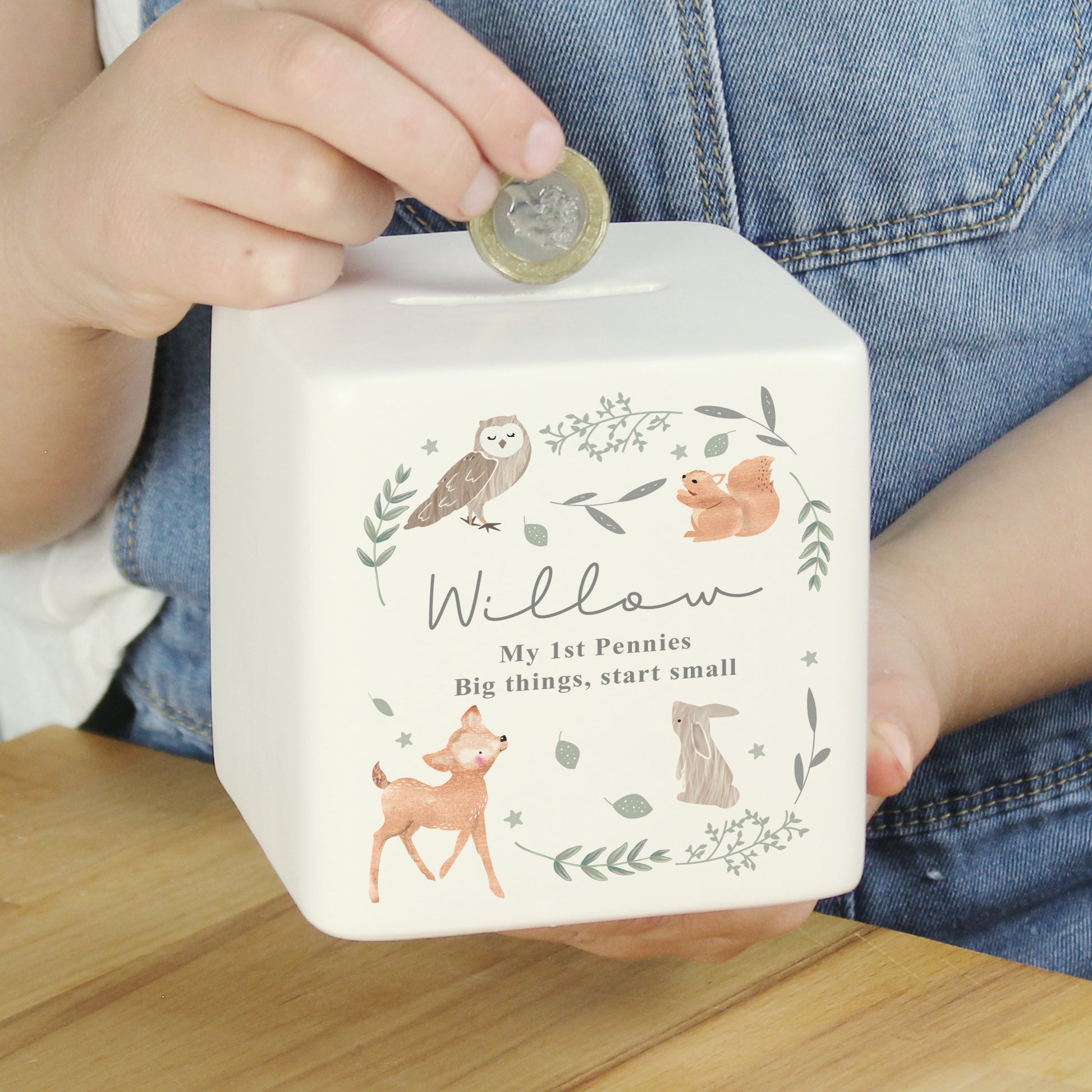 Personalised Woodland Animals Ceramic Square Money Box from Heartfelt Gifts