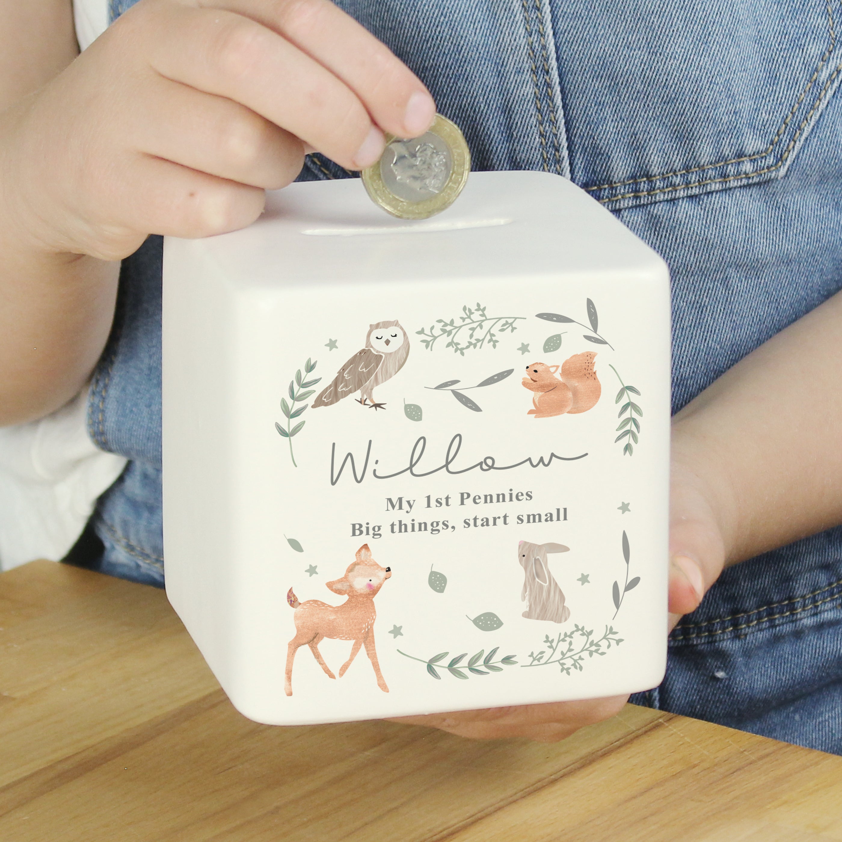 Personalised Woodland Animals Ceramic Square Money Box from Heartfelt Gifts