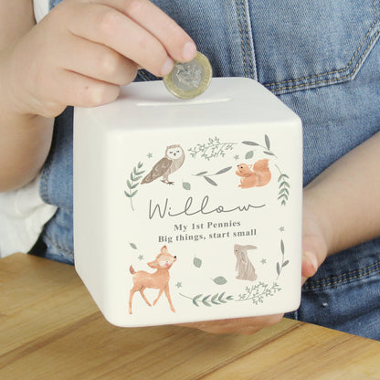 Personalised Woodland Animals Ceramic Square Money Box from Heartfelt Gifts