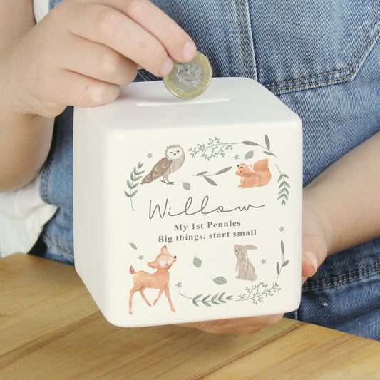 Personalised Woodland Animals Ceramic Square Money Box from Heartfelt Gifts