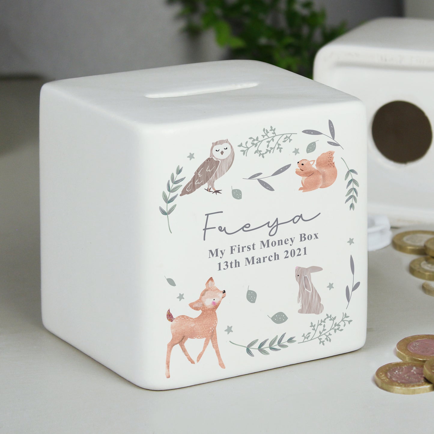 Personalised Woodland Animals Ceramic Square Money Box - image 2