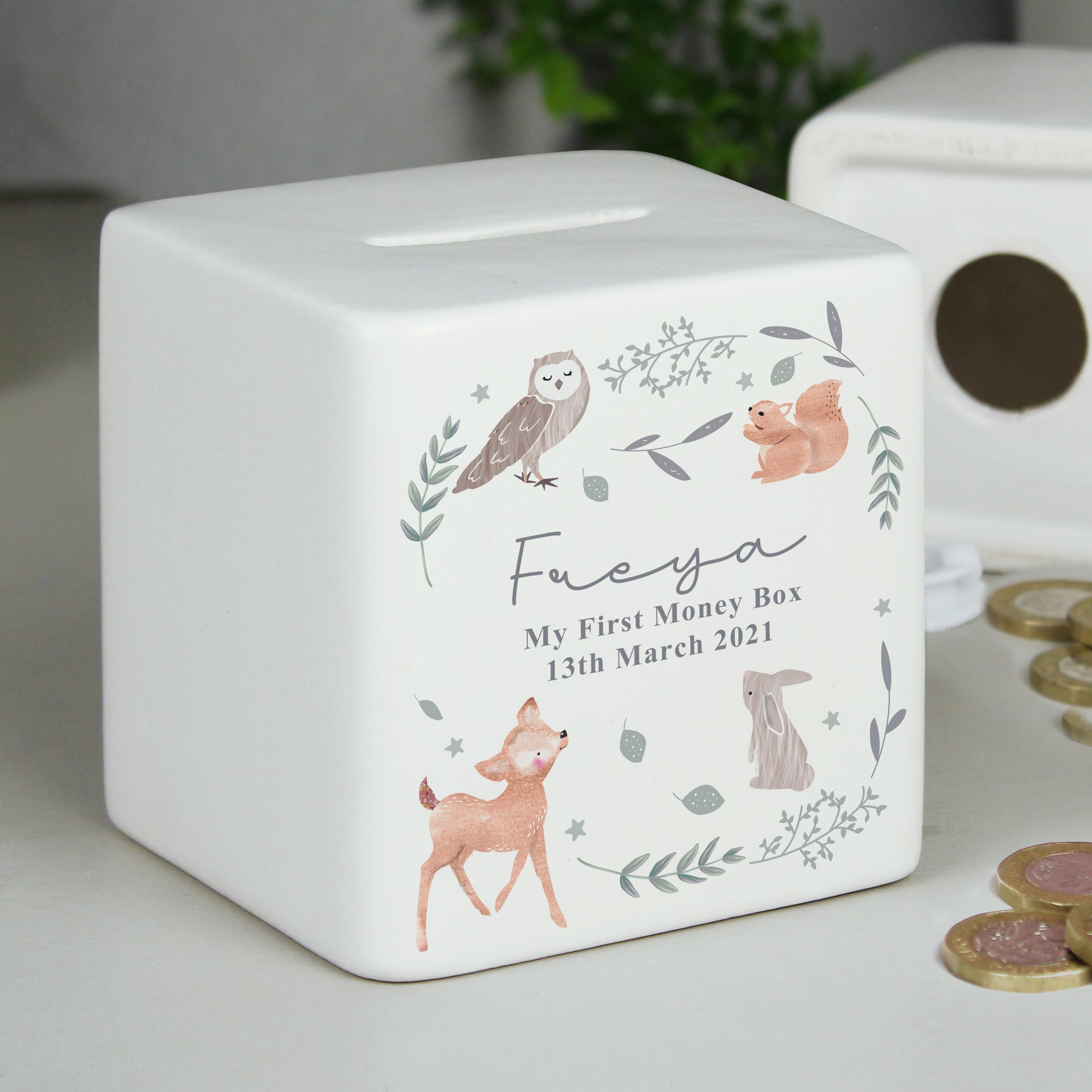 Personalised Woodland Animals Ceramic Square Money Box - image 2
