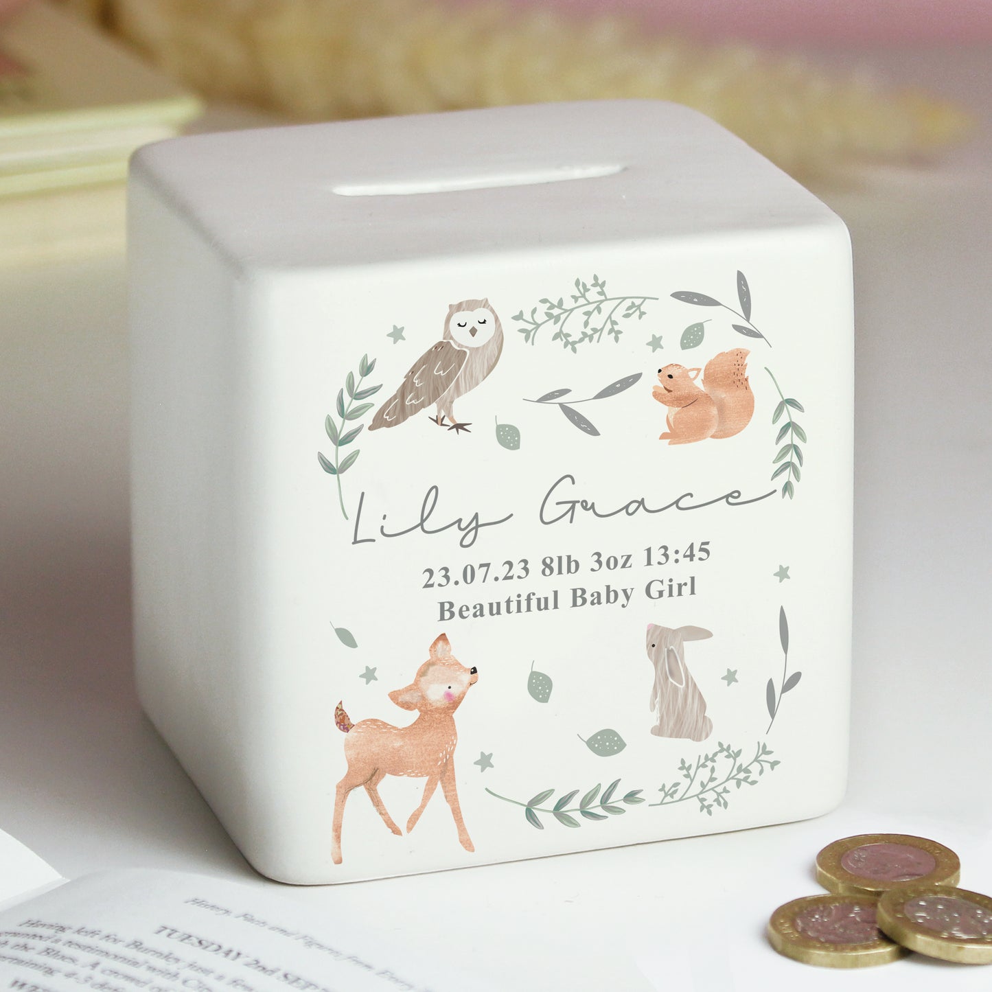 Personalised Woodland Animals Ceramic Square Money Box - image 3
