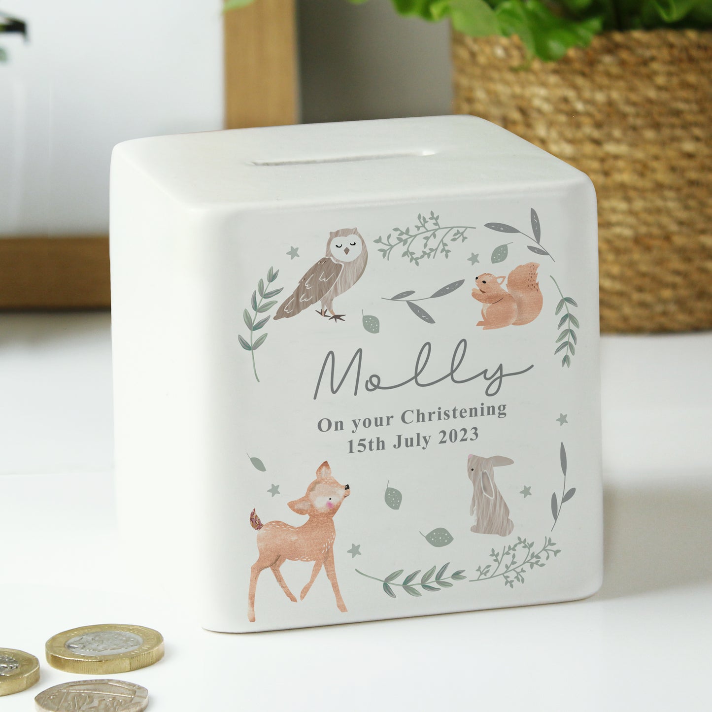 Personalised Woodland Animals Ceramic Square Money Box - image 4