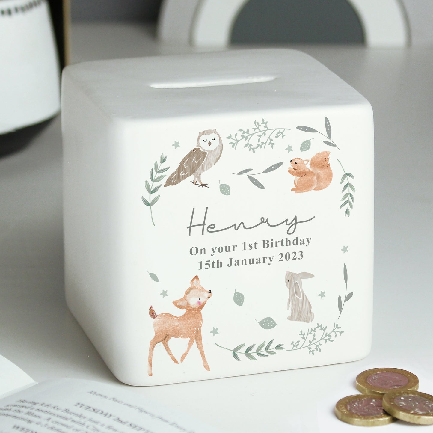 Personalised Woodland Animals Ceramic Square Money Box - image 6