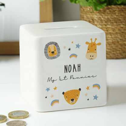 Personalised Scandi Safari Animals Ceramic Square Money Box from Heartfelt Gifts